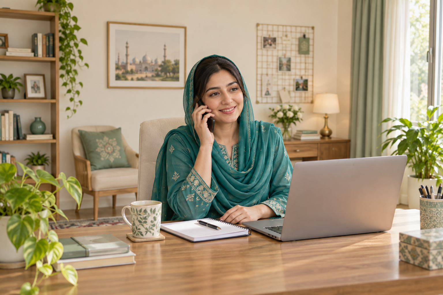 Friendly Pakistani female care coordinator in teal shalwar kameez and matching dupatta on a phone call in a bright tasteful home office