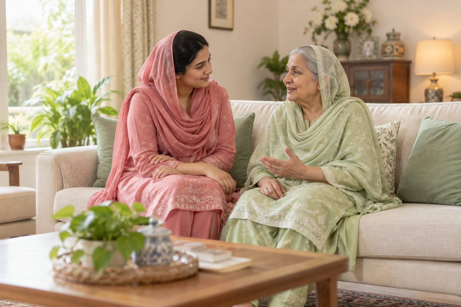 Pakistani female caregiver in rose shalwar kameez with dupatta listening attentively to an older Pakistani woman in light green shalwar kameez, relaxed eye contact on a sofa