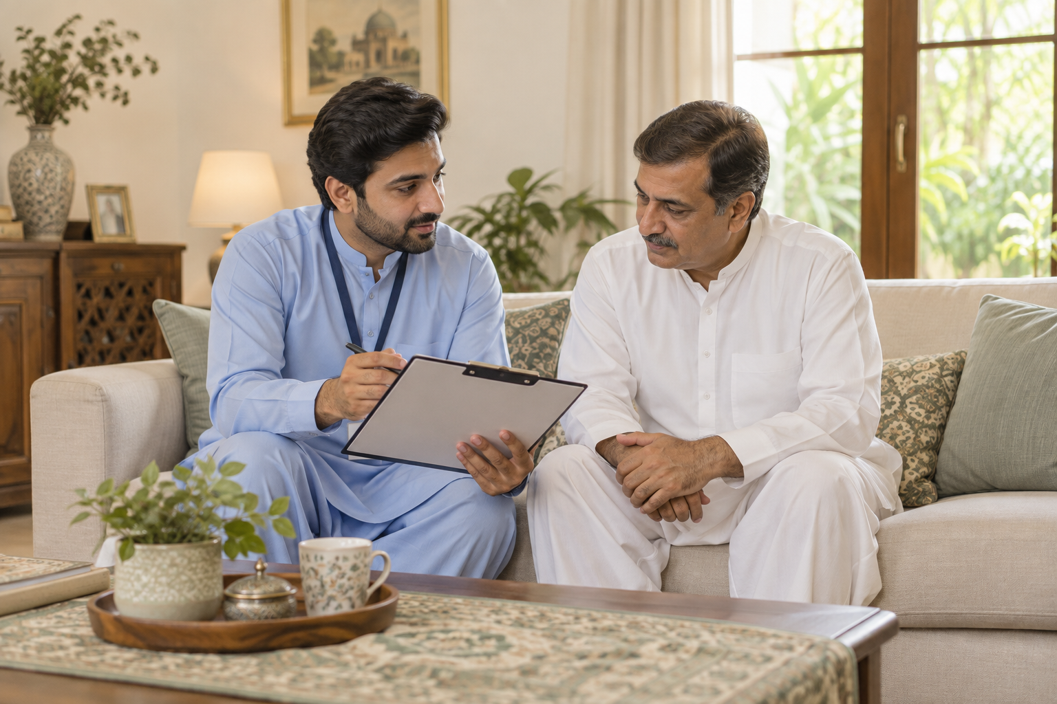 Pakistani male care coordinator in light blue shalwar kameez and a Pakistani family member in white shalwar kameez reviewing a blank care checklist together in a home, calm discussion