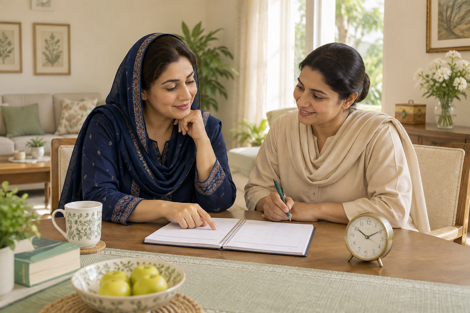 Pakistani woman in navy shalwar kameez and dupatta planning a weekly home care routine with a caregiver in beige shalwar kameez at a table, blank planner and small clock, no legible writing