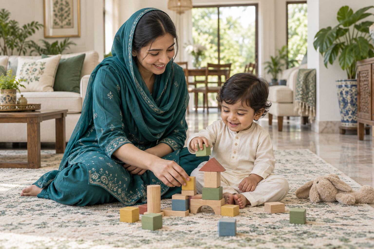 Pakistani babysitter playing with a toddler