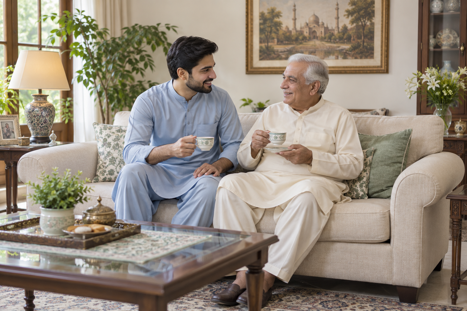 Pakistani caregiver sharing tea with an elderly man