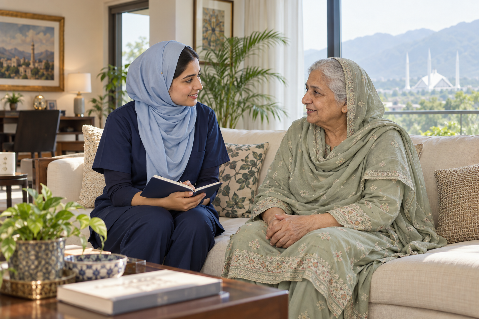 Pakistani home nurse talking with an elderly woman