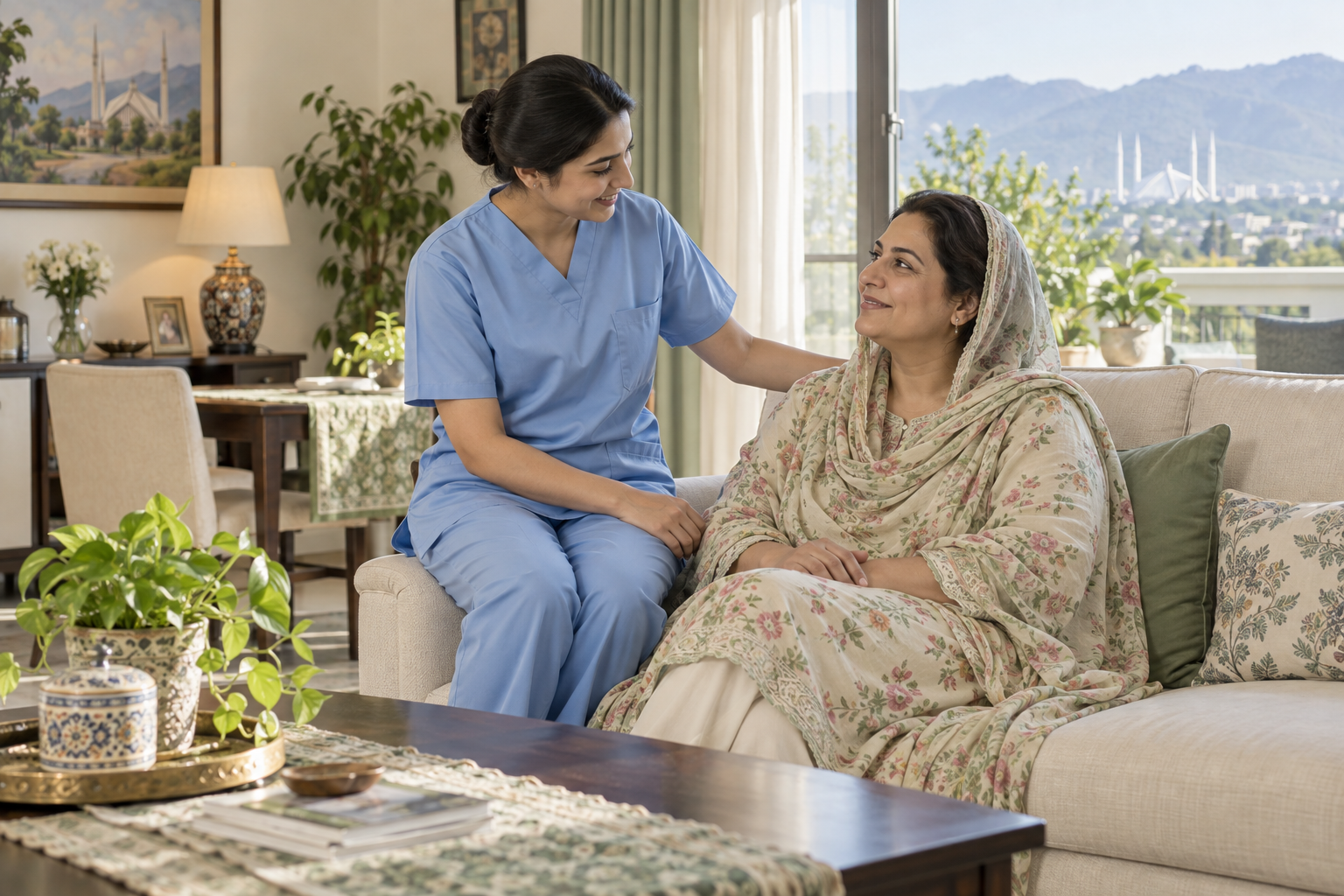 Pakistani nurse supporting a woman at home